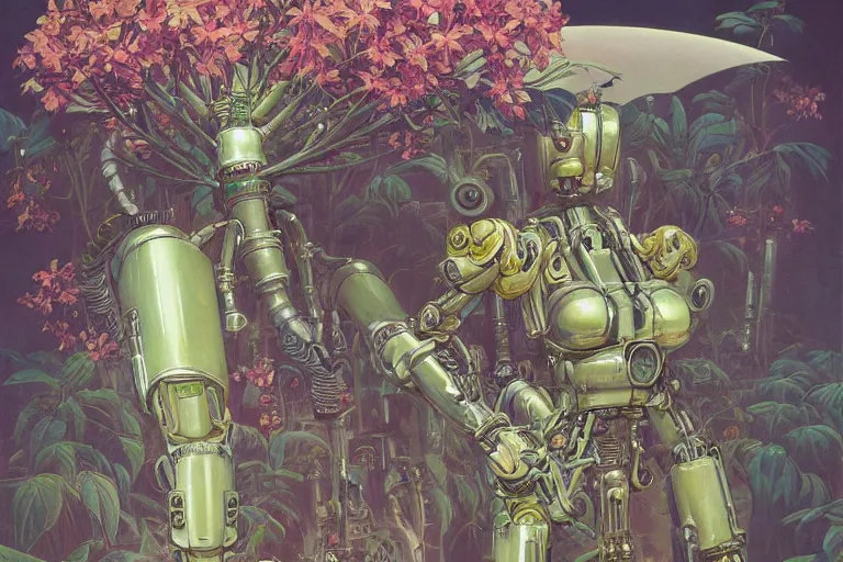 Prompt: evangelionic illustration, gigantic girl head, a lot of exotic vegetation, trees, tremendous mecha robot, flowers, oldschool vintage sci - fi flat surreal design, super - detailed, oil painting by moebius, hd, 4 k, high quality