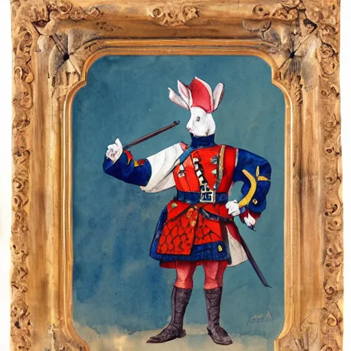 Image similar to A rabbit dressed as a carolean soldier, watercolour