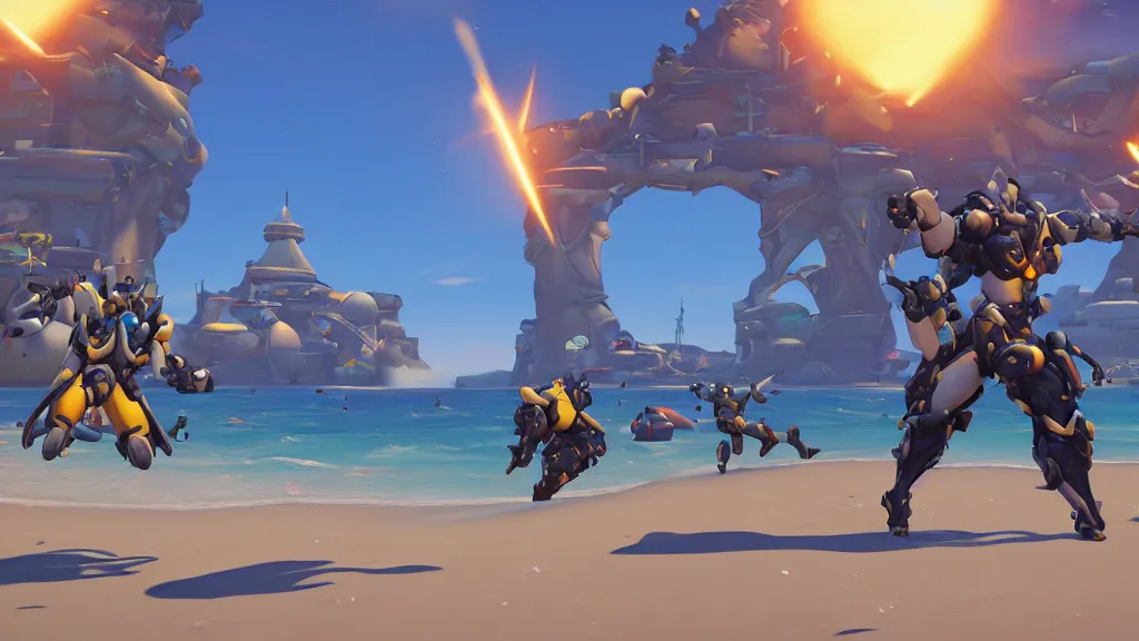 Image similar to Screenshot from Overwatch, at the beach