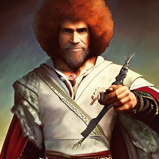 Image similar to an ultra detailed vector image of bob ross dressed as ezio auditore, concept art by alphonse mucha and greg rutkowski, praise the blood moon, octane render