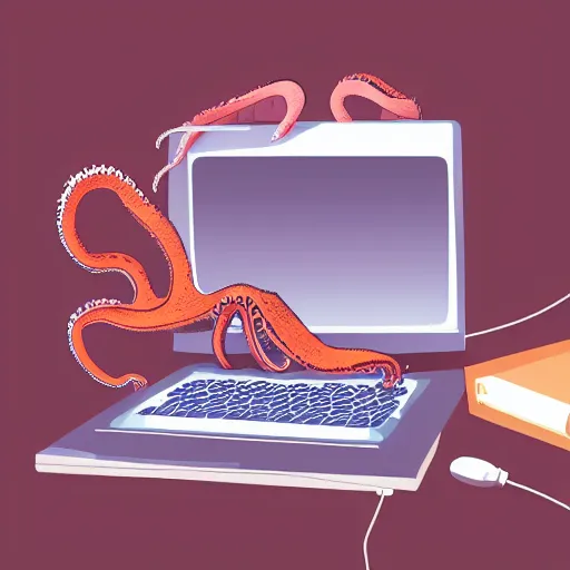 Prompt: Laptop computer being used by an octopus in the style of Emily Willoughby, paleoart