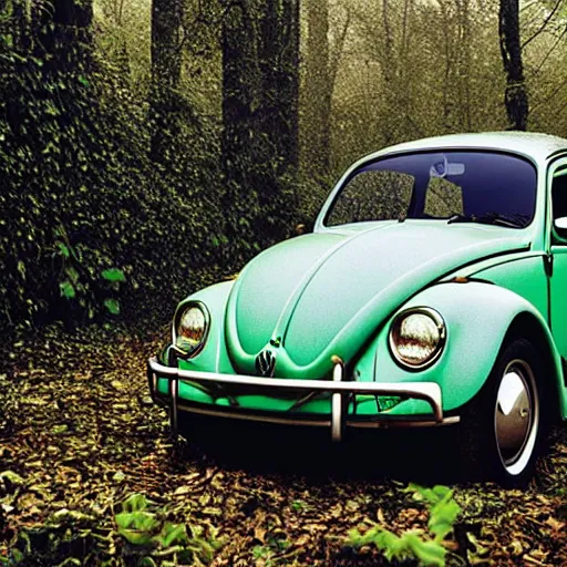 Prompt: “ a volkswagen beetle covered with vines in a foggy forest, color photograph stephen shore ”