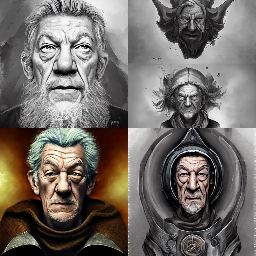 Prompt: Ian McKellen with grey goatee and and eyepiece, as a sad, frightened alchemist, highly detailed, dramatic, fantasy concept art by Kerem Beyi, trending on Artstation