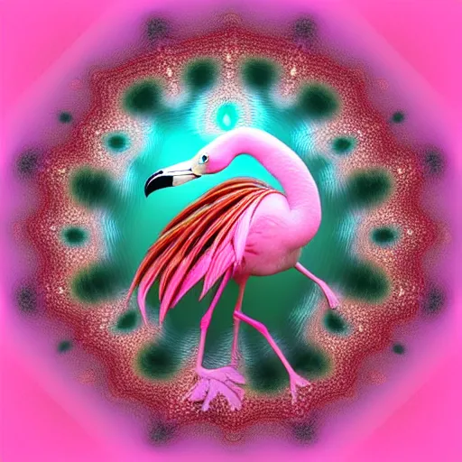 Image similar to 3 d mandelbulb fractal of a flamingo : : flamingo : : 3 d mandelbulb fractal : : visual depth, high quality, shadowing, fractal render : : pink, white : :