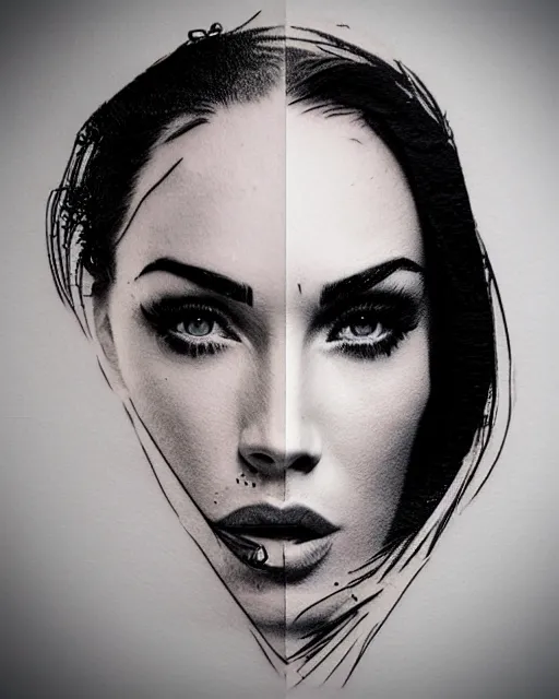 Image similar to tattoo sketch of megan fox face mash up with beautiful mountains, in the style of dan mountford, double exposure, hyper realistic, amazing detail, black and white