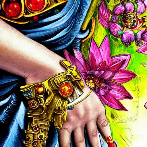 Prompt: maximalist elaborate photorealistic cyborg hands holding a flower. in the style of Michelangelo and van Gogh, with cyberpunk and flemish baroque mixed media details. vibrant vivid textures HD 8x matte background