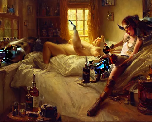 Image similar to an exhausted rhino girl in her studio with a bottle of whisky. highly detailed painting by gaston bussiere, craig mullins, j. c. leyendecker 8 k