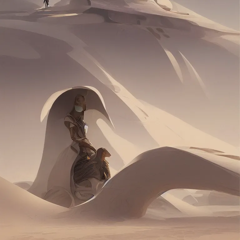 Prompt: digital art painting of dune inspired futuristic ultra clean white architecture structures in the desert, artstation art by greg rutkowski and alphonse mucha