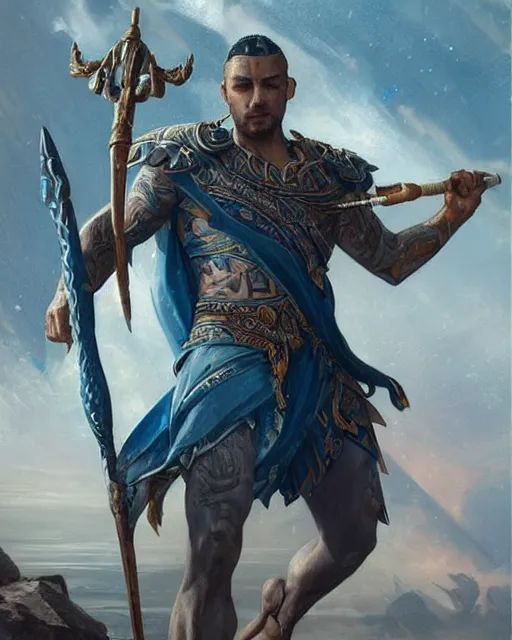 Prompt: a beautiful action portrait of an Atlantis prince, blue-fabric, tattoos, holding a deadly silver trident!!!!!!!!!!!!!, by Greg Rutkowski and Raymond Swanland, Trending on Artstation, ultra realistic digital art