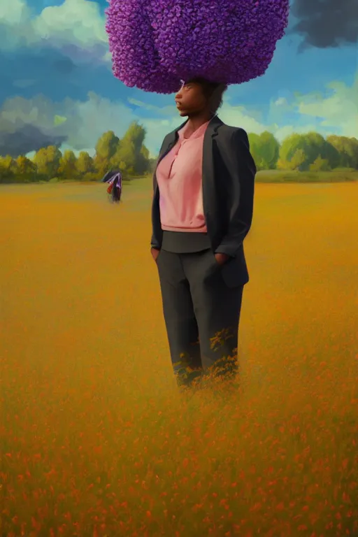 Image similar to portrait, giant lilac flower as head, black woman in suit in heather field, surreal photography, golden hour, colorful clouds, impressionist painting, digital painting, artstation, simon stalenhag