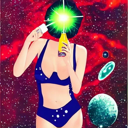 Prompt: olivia munn in sexy lingerie holding a ray - gun and blowing a bubble in front of a nebula background, maximalist pop art illustration