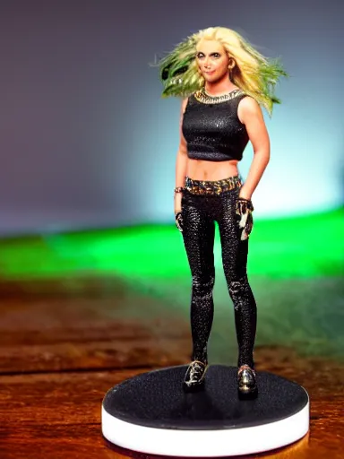 Prompt: a resin miniature of Britney Spears wearing crimped hair, black pants, and metallic green crop top in Warhammer, miniature product photo, full body, on textured disc base, 4K, HD