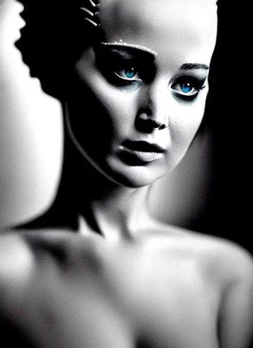 Prompt: award winning fashion photography portrait of jennifer lawrence as the bride of frankenstein, very pretty eyes, face in focus, soft lighting, volumetric shadows, 8 k photography, still from john waters movie