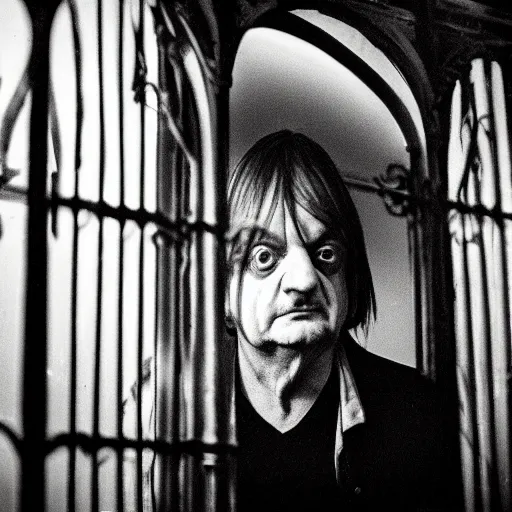 Image similar to mark e smith lurking in a dark scary castle, light shining through bars in the window