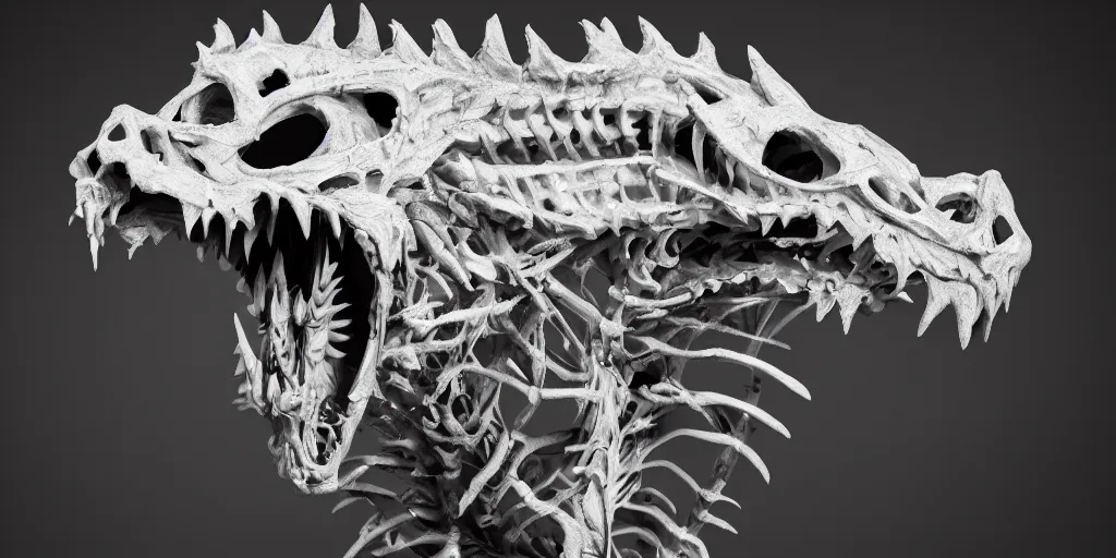 Image similar to white dragon skeleton, studio photography, 4 k, dark black background, studio lighting, harsh lighting