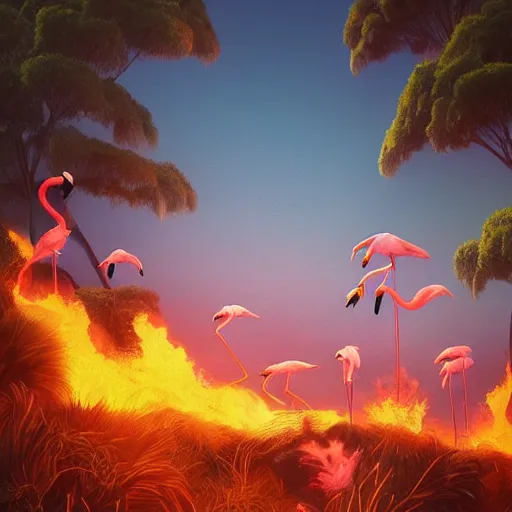 Prompt: a flock of flamingoes in a natural landscape framed by flames, made by stanley artgerm lau, wlop, rossdraws, artstation, cgsociety, concept art, cgsociety, octane render, trending on artstation, artstationhd, artstationhq, unreal engine, 4 k, 8 k,