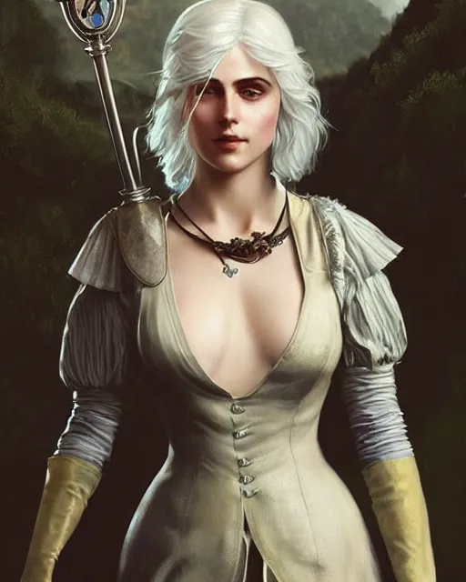 Prompt: Pre-Raphaelite Ciri from Witcher 3 by Artgerm and Greg Rutkowski, sharp focus, sun rays, full body, wearing haute couture by schiaparelli, intricate, elegant, highly detailed, digital painting, pale