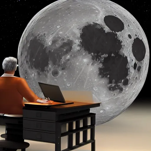 Image similar to 3 d, ultra realism, extra detail, back of a man sitting on his chair with a desk and his futuristic laptop, on the moon, with the universe in the background by stan lee