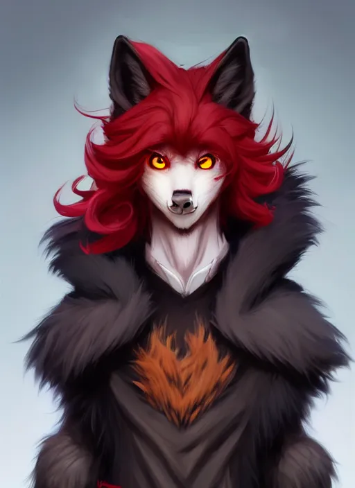 Image similar to character concept art of a black anthropomorphic furry male wolf long red hair | | cute - fine - face, pretty face, key visual, realistic shaded perfect face, fine details by stanley artgerm lau, wlop, rossdraws, james jean, andrei riabovitchev, marc simonetti, and sakimichan, trending on artstation