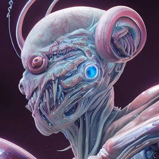 Image similar to whirling portrait of a twisting bloodied filigreed genderless insect alien monster, muscles, rippling, space warping, ultra realistic, concept art, intricate details, eerie, highly detailed, photorealistic, octane render, 8 k, unreal engine. art by artgerm and greg rutkowski and alphonse mucha