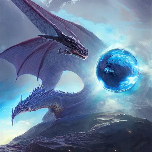 Image similar to Blue scaled dragon, European dragon, devouring an earth like planet in space, sun system, nebula, oil painting, by Fernanda Suarez and Edgar Maxence and Greg Rutkowski