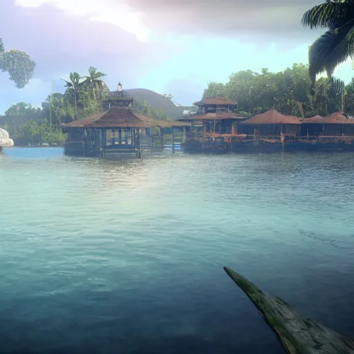 Image similar to Floating palace, moon reflecting on the water, thunderstorm, greek pool, beach and Tropical vegetation on the background major arcana sky, rdr2 screenshot, pc read dead 2 videogame, hyperrealistic 8k, award-winning, very very very detailed