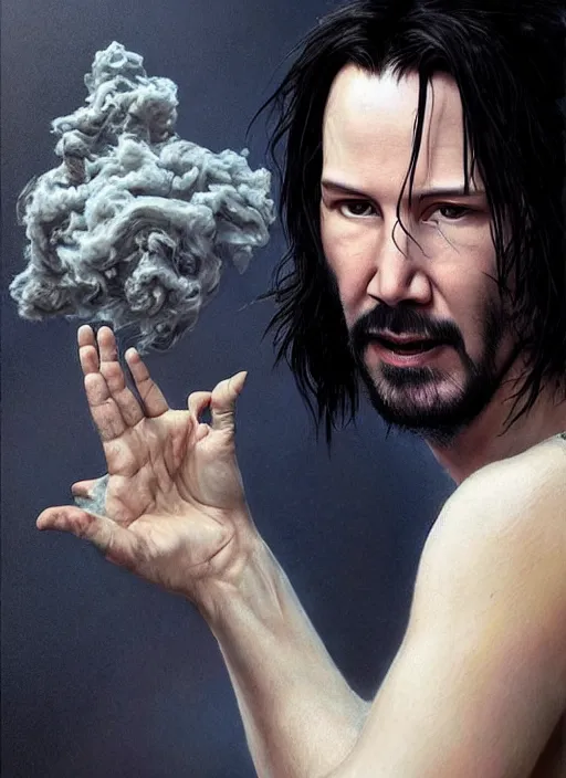 Prompt: keanu reeves as sandman, with fingers and hair turning into smoke, vertigo, shaved, pale skin!, fantasy, intricate, elegant, highly detailed, digital painting, artstation, concept art, wallpaper, smooth, sharp focus, illustration, art by artgerm and greg rutkowski and alphonse mucha