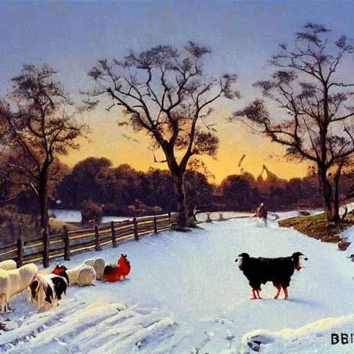 Image similar to feeding the animals at sunrise, dog, cows, sheep, chickens, ducks,, 4 k, ranch the morning after a light snowfall, by bob ross and norman rockwell