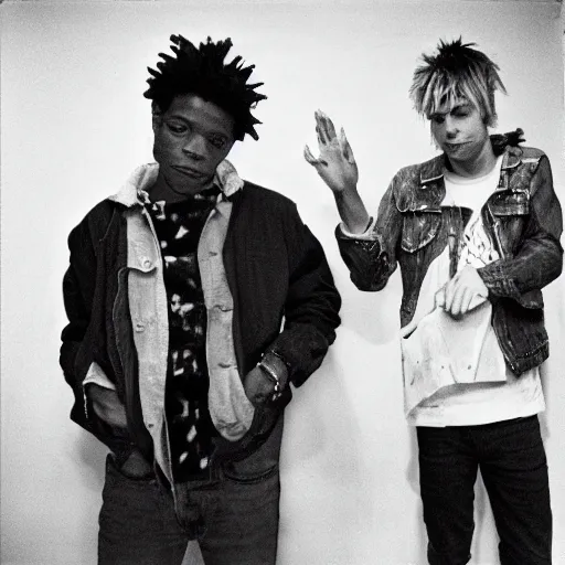 Prompt: photo of basquiat and kurt cobain in basquiat ’ s studio, photorealistic,