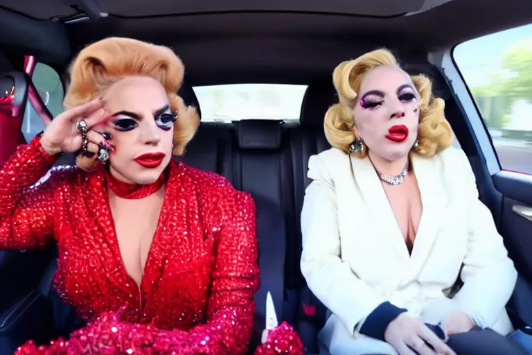 Image similar to lady gaga and judy garland in carpool karaoke, lady gaga, judy garland, red weapon 8 k s 3 5, cooke anamorphic / i lenses, highly detailed, cinematic lighting