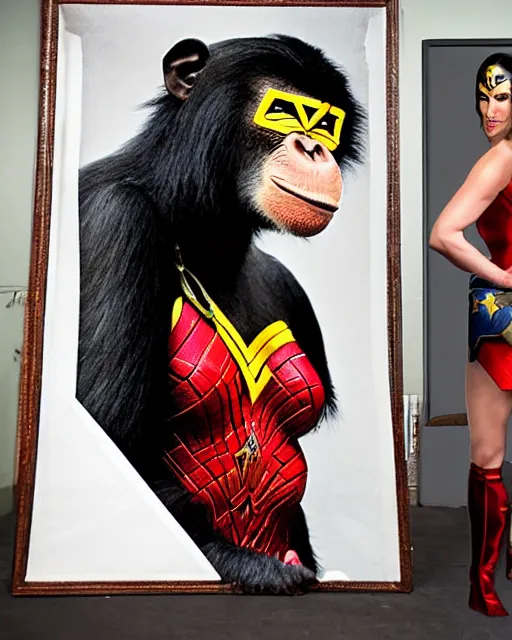 Image similar to a Chimpanzee dressed as Wonder Woman stands in front of a wanted poster for Super villain Gorilla Grodd, photographed in the style of Annie Leibovitz, photorealistic