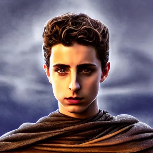 Image similar to realistic paul atreides emperor of the known universe, perfect dramatic and dark portrait by rabbitary b, trending on artstation, deviantart, dune, low angle oil painting and composition laws, dark foggy background, timothee chalamet but he is older, man with thin lines on the face, medium - long curly brown hair, completely blue eyes, denis villeneuve cinematography