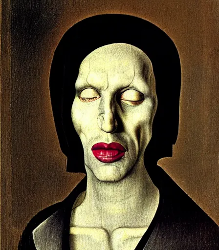 Image similar to portrait of marilyn manson by hieronymus bosch, high quality, high detail