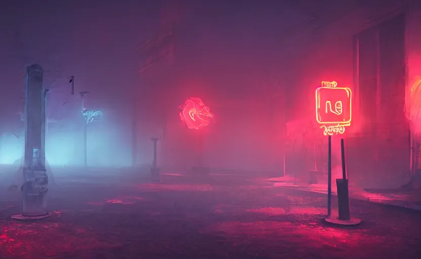 Image similar to neon hell, graveyard, fog, amazing fire art, fog, octane render, ray tracing, realistic fire sharp focus, long shot, 8 k resolution, cinematic