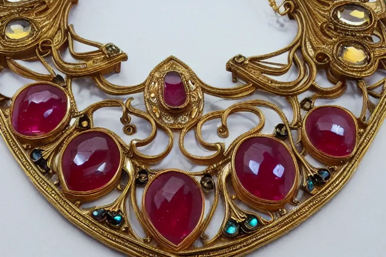 Prompt: highly detailed oil painting, front view, very realistic gemstones, art nouveau, ornate, delicate, brilliant ruby necklace, necklace on display, dramatic light,