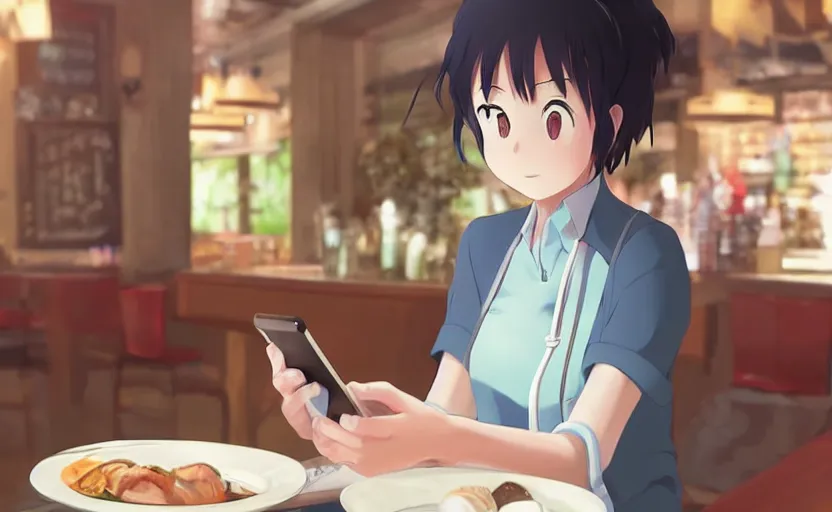 Image similar to A hostess at Founding Farmers restaurant, playing on her phone since she has nothing to do, anime scene by Makoto Shinkai, digital art