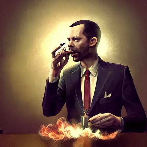 Image similar to andrew tate wearing a suit smoking a cigar on his mouth, dramatic lighting, cinematic, establishing shot, extremly high detail, photorealistic, cinematic lighting, artstation, style by James Gurney