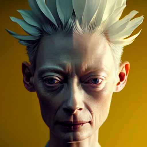 Prompt: close - up tilda swinton face fused with daffodil highly detailed, unreal engine, 3 d art, digital art, painting by greg rutkowski