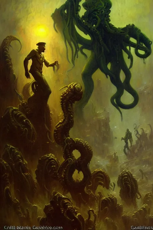 Image similar to the call of cthulhu painting by gaston bussiere, craig mullins