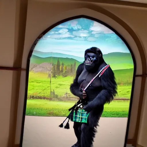 Prompt: A realistic high-quality photo of a gorilla in a kilt playing bagpipes, royalty, volumetric lighting, stained glass