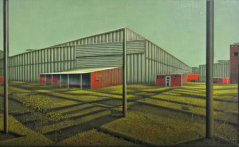 Image similar to geometric painting of industrial buildings surrounded by undergrowth by clarence holbrook carter