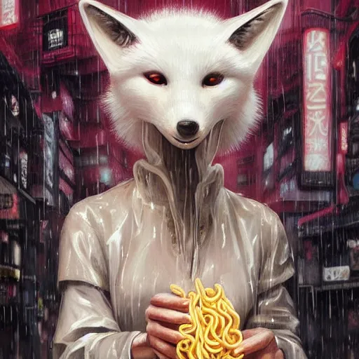 Image similar to white anthropomorphic female vulpes vulpes fulva, eating ramen from a bowl, in the rain by a noodle kiosk, in crowded and wet street of a city, cyberpunk, harsh neon lights, highly detailed, digital painting, trending on artstation, concept art, sharp focus, illustration, art by artgerm and greg rutkowski and magali villeneuve