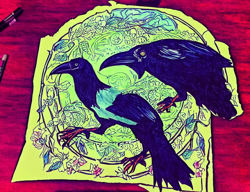 Prompt: raven witch in a suspicious cafe. complementary colors, copic markers, indie concept art, bloom, chiaroscuro, backlighting, intricate details.