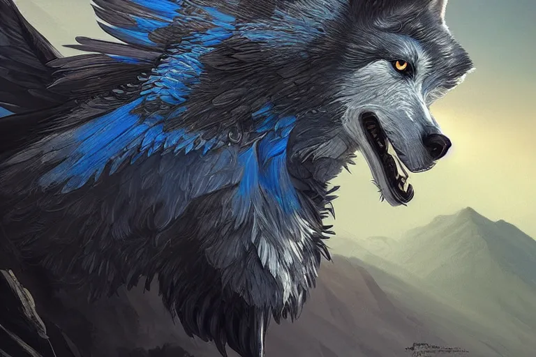 Prompt: Blue feathered wolf with wings on a beautiful fantasy landscape, hills, mountains, moonlit, HD, illustration, epic, D&D, fantasy, intricate, elegant, highly detailed, digital painting, artstation, concept art, smooth, sharp focus, illustration, Greg Rutkowski, Jin Xiaodi, Anthony Devine, Yigit Koroglu
