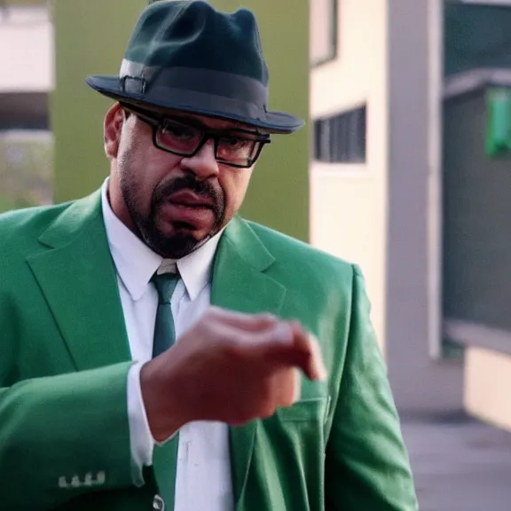 Image similar to Still from Better Call Saul of Big Smoke with green clothing and trilby hat, swinging a baseball bat