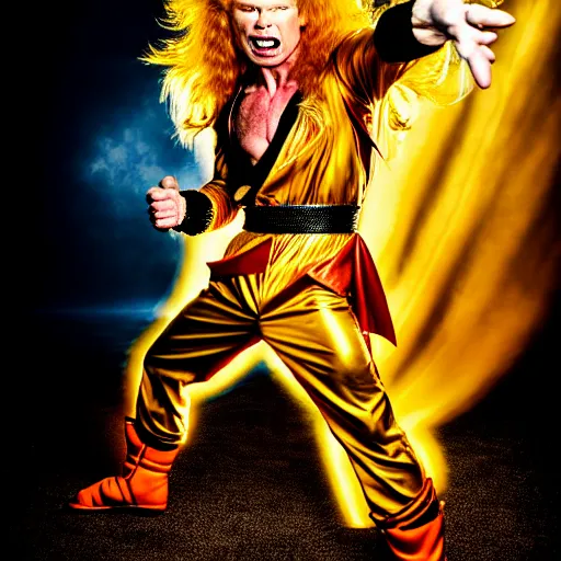 Image similar to uhd candid photo of hyperdetailed dave mustaine as a super saiyan. correct face, intricate costume, cinematic lighting, photo by annie leibowitz, and steve mccurry.