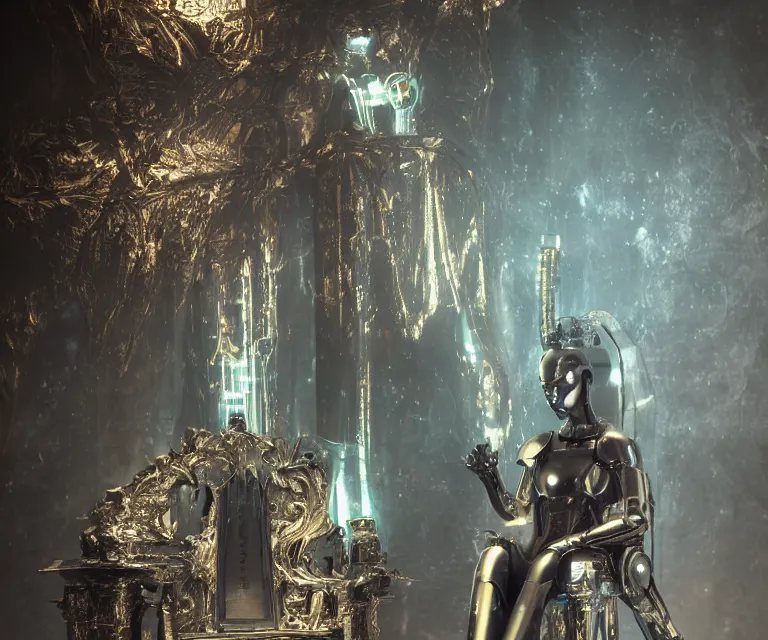 Image similar to translucent glowing cyborg sitting on a metal throne, futuristic castle as background, fantasy sci - fi, fine details, metallic, 2 0 0 mm focus, bokeh