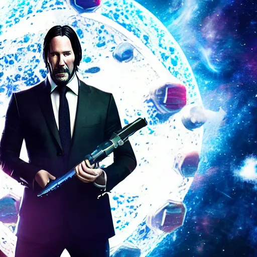 Prompt: john wick in space with astronauts, instagram photo, instagram selfie, full hd, 8 k, unreal engine, octane render, hyper detailed, hyper realistic, photorealistic, vfx, houdini, full body