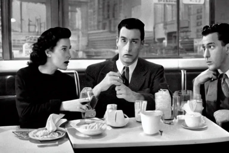 Prompt: beautiful couple arguing in a New York diner 1950s, by Roger Deakins