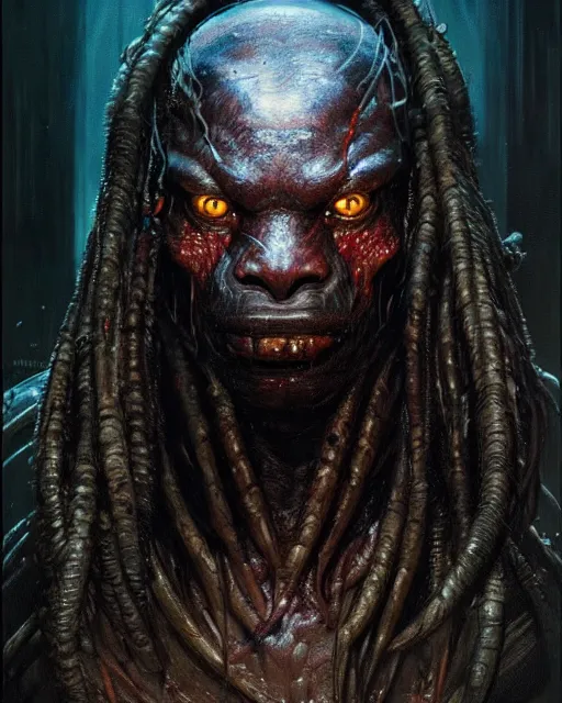 Image similar to a portrait of the predator fantasy character portrait, ultra realistic, cinematic, concept art, wide angle, intricate details, hologram, highly detailed by greg rutkowski, wayne barlowe, simon bisley, arthur rackham